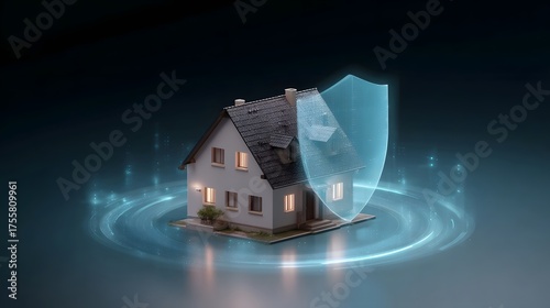A modern residential house is enveloped in a glowing blue holographic shield symbolizing futuristic security and smart technology with surrounding