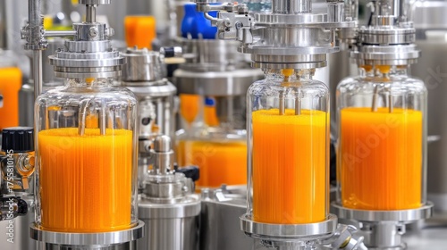 Industrial juice processing machinery with orange liquid in clear bottles and stainless steel equipment