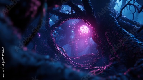 Enchanted Forest with Glowing Purple Light and Twisted Branches in Ethereal Atmosphere