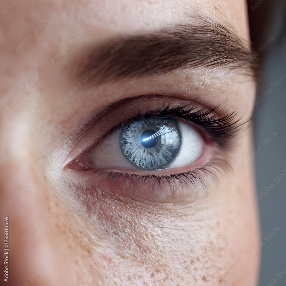 Obraz premium Hyper close up of a blue human eye featuring intricate iris details and a glowing futuristic light reflection symbolizing advanced vision