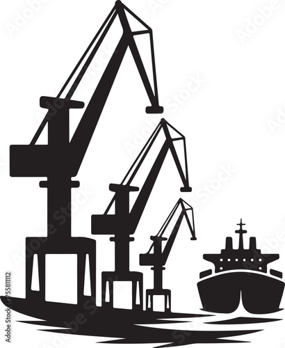 Silhouette of Cargo Cranes at Port with Cargo Ship Docked in Black