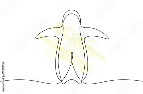 Minimalist single line drawing a penguin with yellow abstract continous