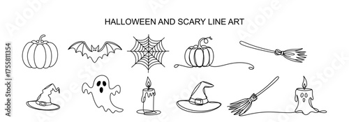 Halloween and scary line art featuring pumpkin, bat, spiderweb, ghost, candle, witch hat, and broom, creating a spooky and minimalist design
