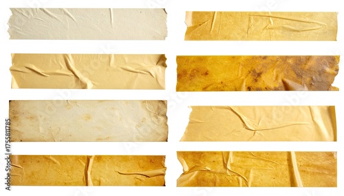 Collection of old, wrinkled, torn, and stained adhesive tape strips