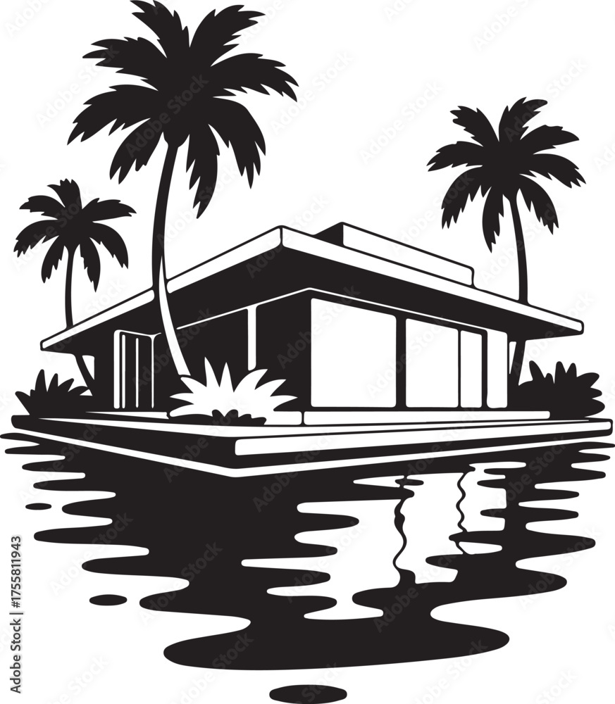 Obraz premium Modern House Palm Trees Silhouette Tropical Landscape Illustration