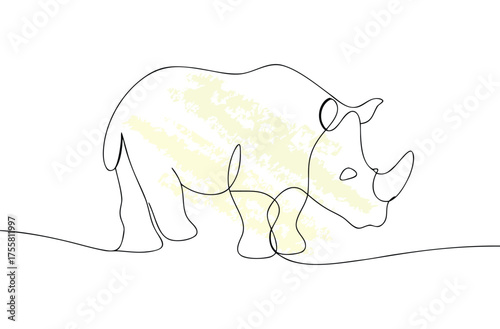 Minimalist single line drawing a rhinoceros with pale yellow textured fill animal wildlife