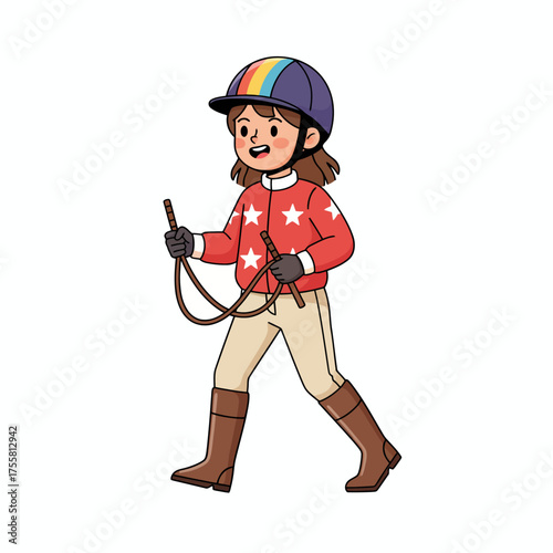 Cartoon girl dressed as a jockey, holding a riding crop, wearing a helmet and boots.