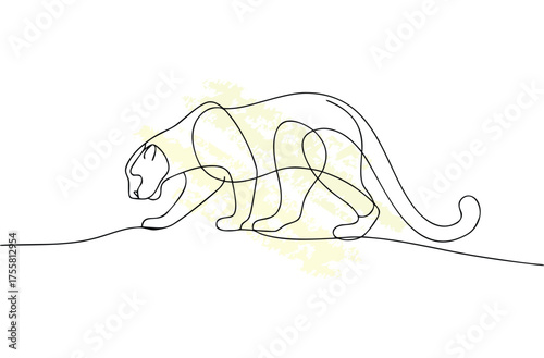 Minimalist single line drawing a stalking leopard with abstract yellow accents animal