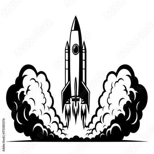 Black and White Rocket Launch Illustration with Flames and Smoke