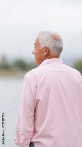 Elderly man wearing a light pink shirt stands by the water, gazing into the distance, surrounded by a serene natural landscape, reflecting on life and memories