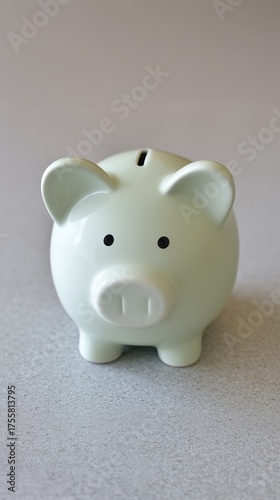 Cute ceramic piggy bank in soft pastel color, designed for saving money, placed on a smooth surface, symbolizing financial planning and savings goals for individuals