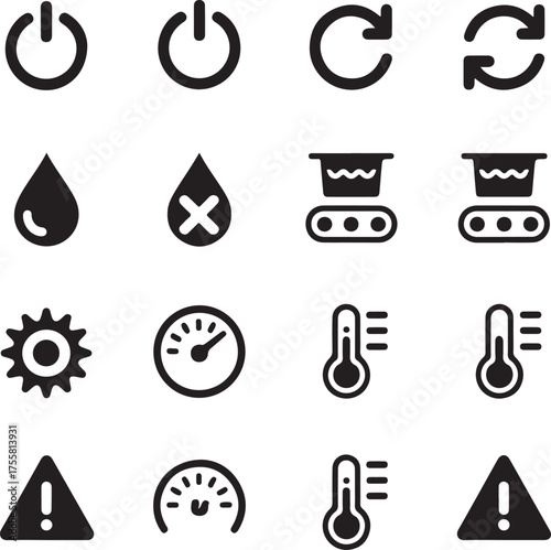 Modern digital interface icons for system control, process management, and operational status indicators.