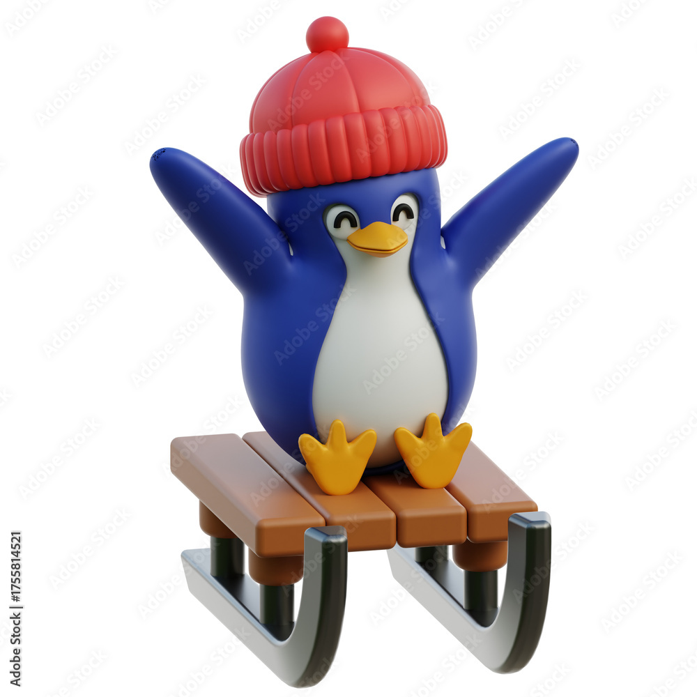 Obraz premium Cute Blue Penguin Wearing Red Beanie Rides Wooden Sled with Open Arms Joyful Winter Activity Isolated on Transparent Background