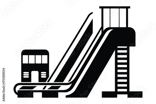 Black silhouette of a modern escalator and a subway train isolated on white background