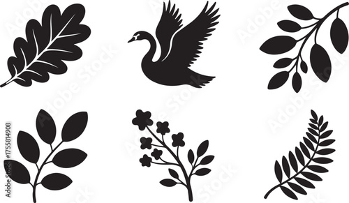 Vector leaf set with floral and animal design elements