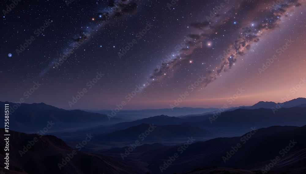Fototapeta premium Starlit Mountain Landscape Under Milky Way Galaxy at Twilight in a Serene Night Sky