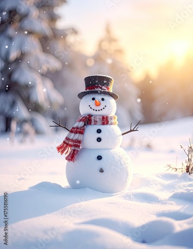 A cheerful snowman with a top hat and scarf in a snowy forest at sunset
