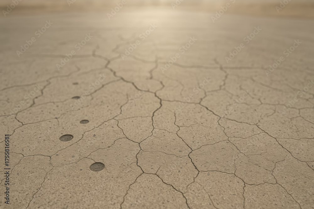 Obraz premium Dry cracked earth surface illustrates impact of heat wave on infrastructure with visible damage and drought effects under harsh sunlight