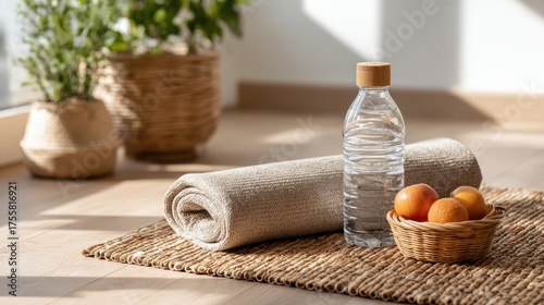 Wellness and Relaxation Scene with Water Bottle, Towel, and Fresh Fruit on Natural Mat