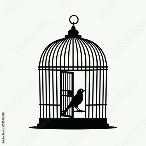 Silhouette birdcage illustration in black and white depicting enclosed bird, this classic silhouette birdcage design is symbolic, this silhouette birdcage symbolizes captivity, freedom,