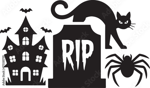 Spooky Halloween Silhouette Illustration with Cat, Grave, House, and Spider