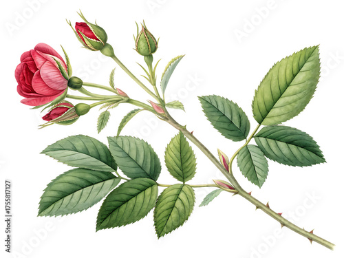 A detailed botanical illustration of a single pink rose with buds and leaves isolated on a black background isolated on white background isolated on transparent background