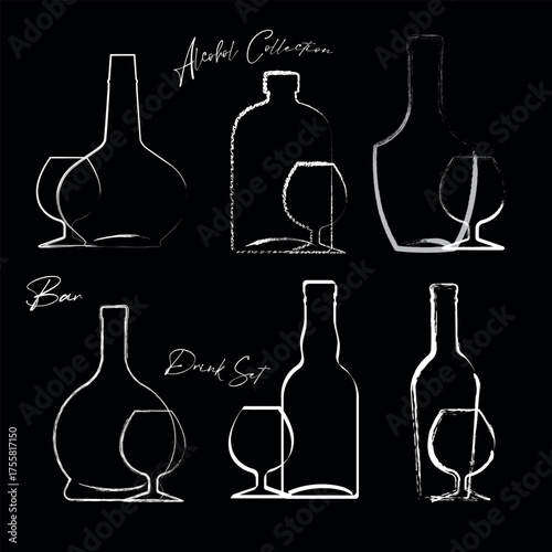 A set of alcohol bottles and glasses, hand-drawn vector illustration, a cognac bottle outline, line art style, pen and brush. Bar decor, restaurant poster, alcohol menu, spirits, premium cognac