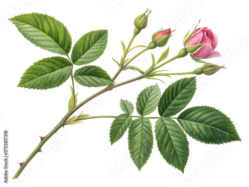 A delicate pink rosebud and leaves on a dark background isolated on white background isolated on transparent background