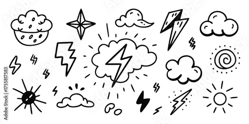 Doodle style weather icons featuring clouds lightning sun and stars for forecasts