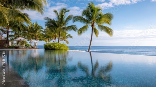 Stunning Infinity Pool Overlooking The Ocean Surrounded By Lush Palm Trees In Tropical Paradise