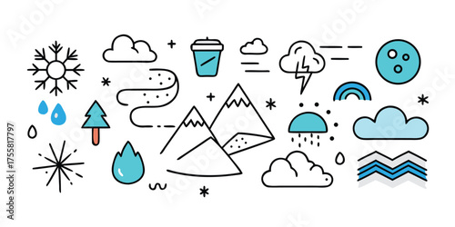 Fun hand drawn weather icons for nature and climate forecasting and education