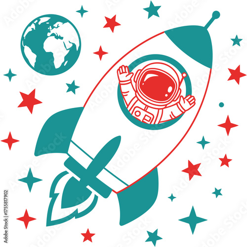 Cosmic Adventure An Astronaut's Journey in a Teal Rocket Amidst Stars and Earth