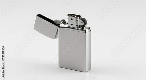 Shiny, chrome-plated lighter with open top, reflecting the background. White studio backdrop