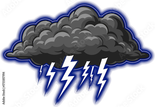 Vector graphic of a furious thundercloud unleashing a barrage of electric lightning bolts, isolated on a white background