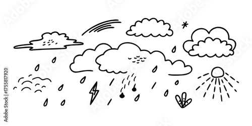 Hand-drawn depiction of various weather elements including rain clouds lightning and sunshine