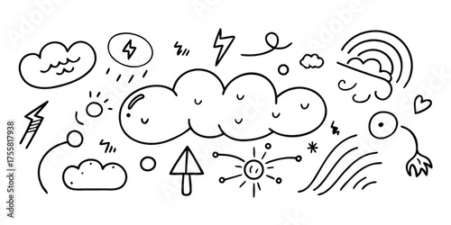 Doodle collection of weather icons including clouds rainbow sun lightning rain and stormy sky
