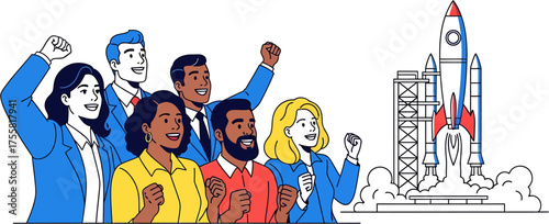 Diverse business team celebrates a successful rocket launch, a powerful metaphor for startup growth, innovation, and collective achievement