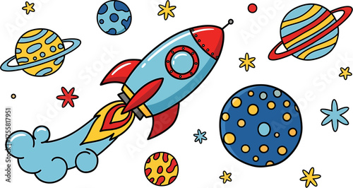 Cartoon rocket ship with planets and stars in outer space, travel, adventure, and exploration