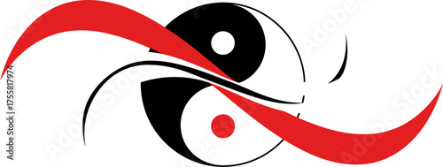 Dynamic Yin Yang symbol with a flowing red ribbon representing the universal balance of opposing forces and spiritual harmony