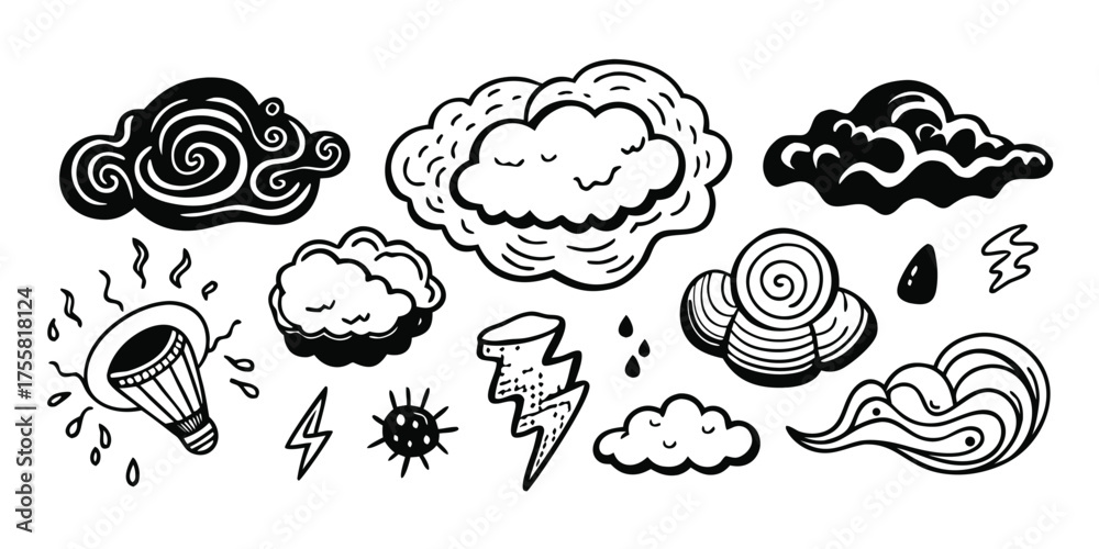 Fototapeta premium Hand drawn weather icons featuring clouds lightning storms and rain drops for design