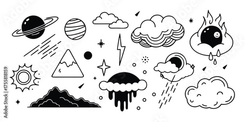Cosmic celestial and weather elements collection featuring planets clouds mountains and stars