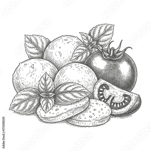 Detailed sketch of mozzarella balls, sliced tomatoes, and fresh basil leaves arranged together.