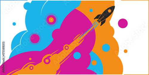 Stylized rocket launching into a vibrant and colorful abstract universe, representing innovation, startup success, and new ventures
