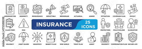 insurance icon collection set. Containing underwriting, indemnity, reinsure, deductible, brokerage icon. simple line vector.
