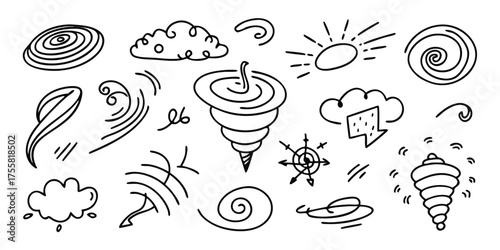 Whimsical hand drawn weather icons featuring sun clouds tornadoes and wind swirls