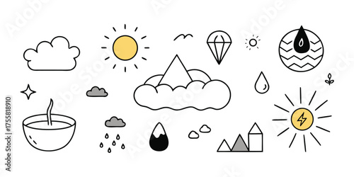 Whimsical hand-drawn weather icons featuring sun clouds rain and mountains for children
