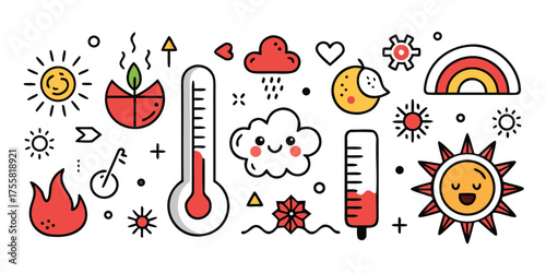 Whimsical weather icons collection featuring sun clouds thermometer rainbow fire