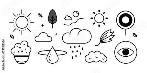Collection of weather icons sun clouds rain wind eye plant and signage elements