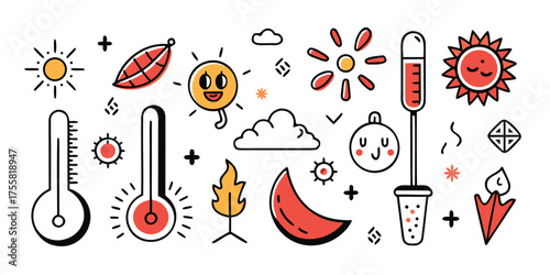 Summer weather icons sun thermometer cloud fire autumn leaf watermelon picnic umbrella