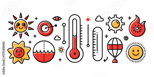 Hand-drawn weather icons featuring sunny skies thermometers clouds and fire elements